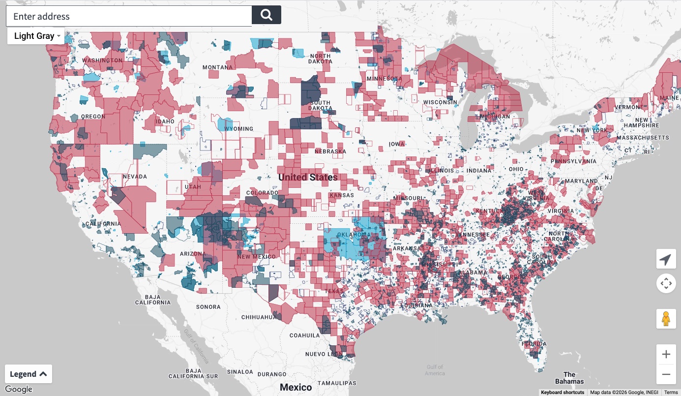 SBA's HUBZone map of the continental United States, with qualifying census tracts, counties and Indian lands shaded.