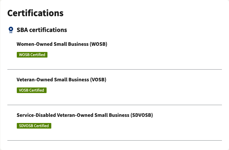 On SBA's Small Business Search, SBA certifications show as WOSB Certified, VOSB Certified and SDVOSB Certified.